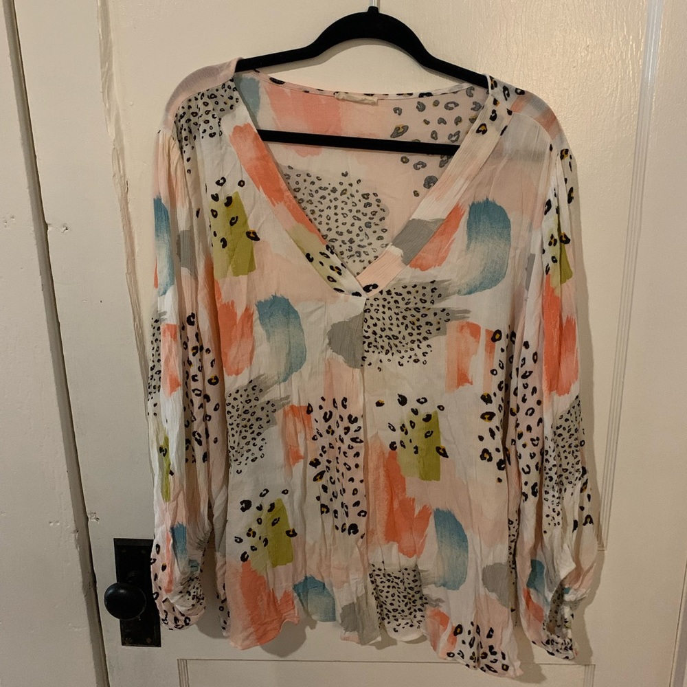 Cotton Long-Sleeve V-Neck Blouse